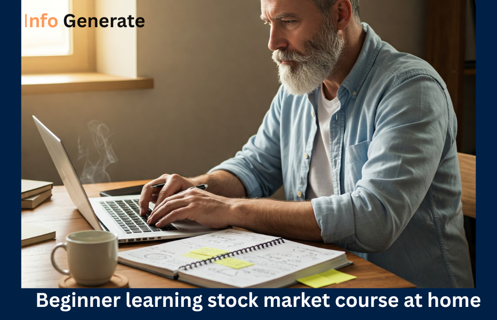 Beginner learning stock market course at home"