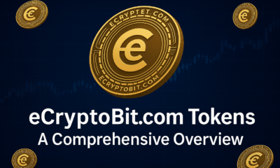 Illustration of eCryptoBit.com Tokens showing a golden ECB coin, digital wallet icon, and trading chart on a blockchain-themed background.