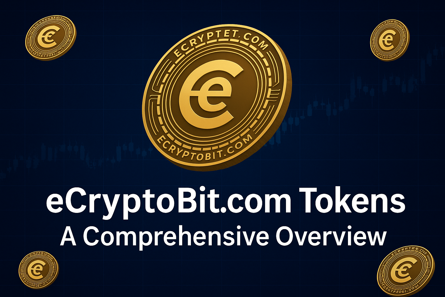 Illustration of eCryptoBit.com Tokens showing a golden ECB coin, digital wallet icon, and trading chart on a blockchain-themed background.