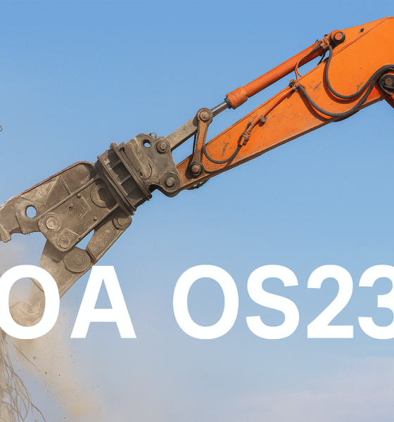 Excavator demolishing concrete structure with SOA OS23 title in foreground