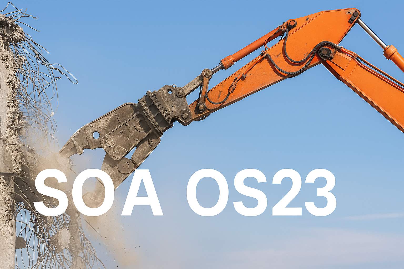 Excavator demolishing concrete structure with SOA OS23 title in foreground