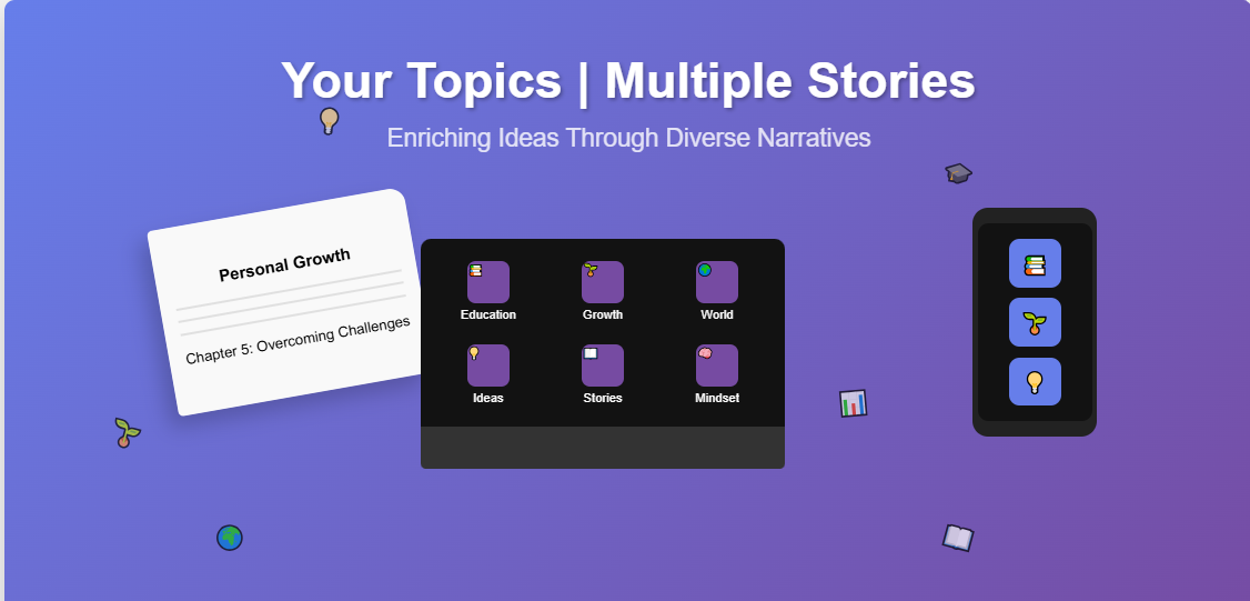 "Illustration showing multiple storytelling platforms with the title 'Your Topics | Multiple Stories ,overlayed.