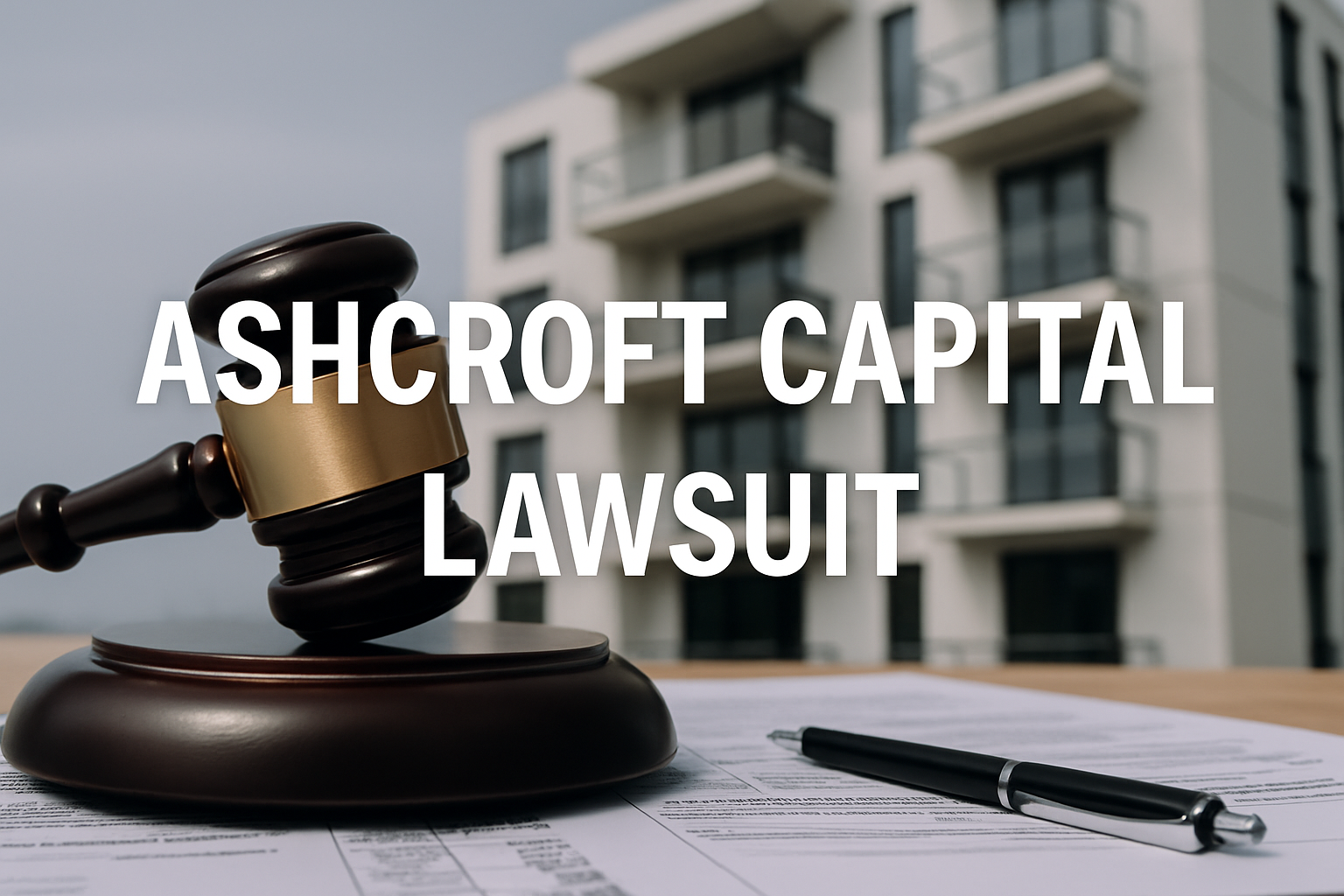 “Ashcroft Capital Lawsuit” over a modern, professional background, symbolizing legal and financial themes with subtle law and investment visuals.